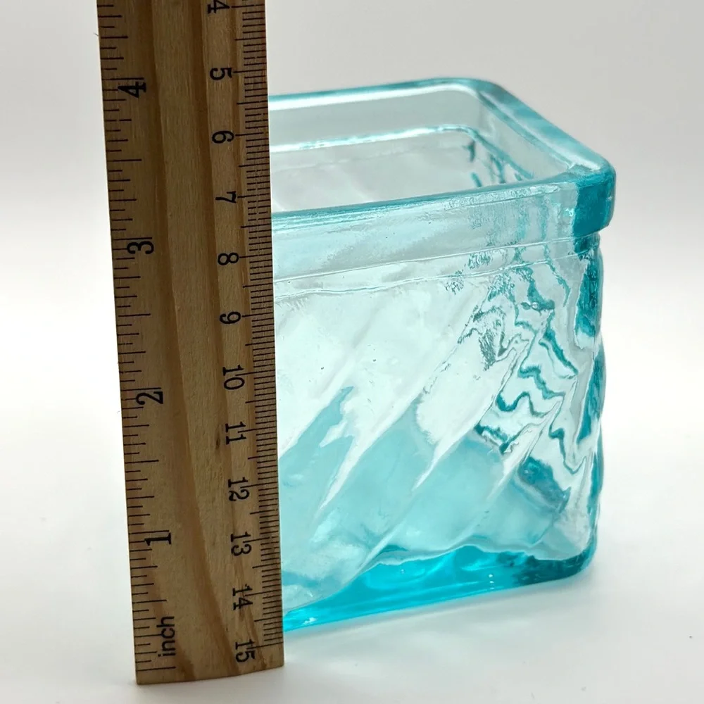 Vintage Teal Votive Holder Tealight Candle Trinket Dish Collectible Glass Square